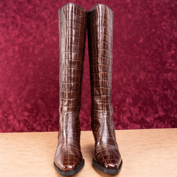 Ganni Women Croc Print Brown Leather Western Tall Fashion Boots sz 7.5US EUR38 - Picture 3 of 10